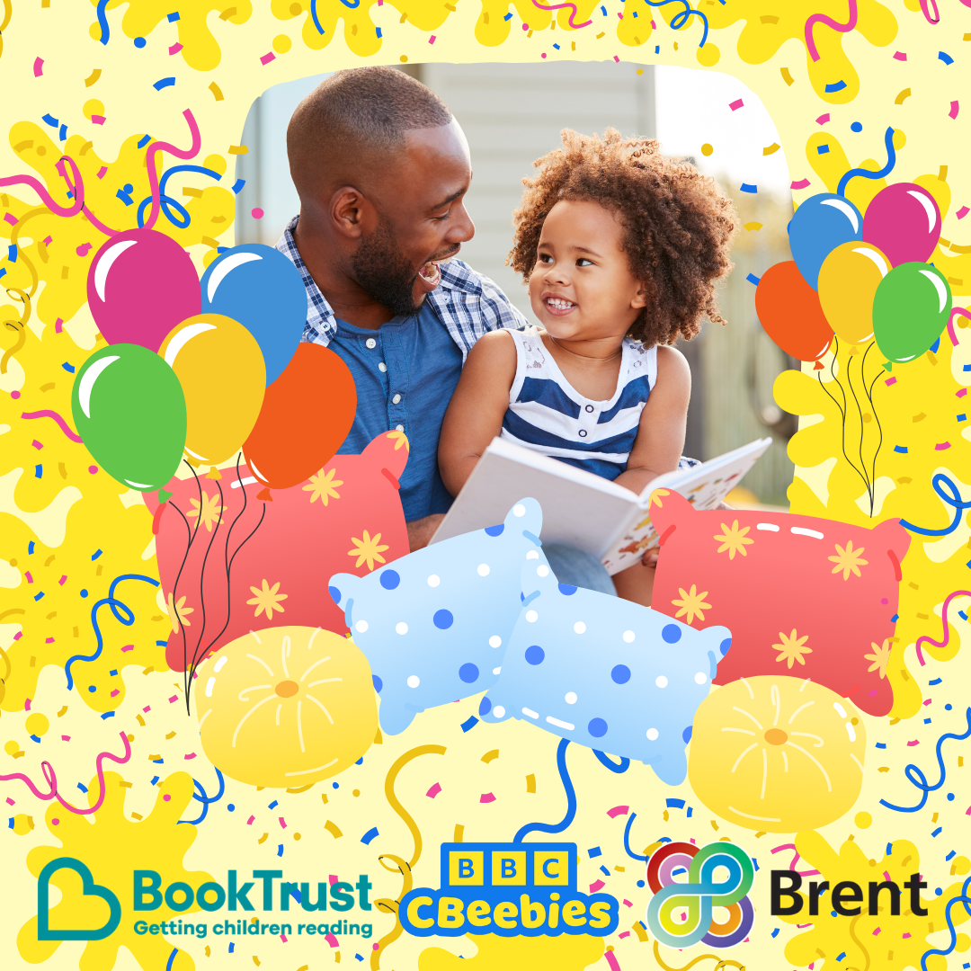 BBC CBeebies, Brent and BookTrust logos on a yellow orange sunset background with picture of father and daughter reading together, balloons and streamers