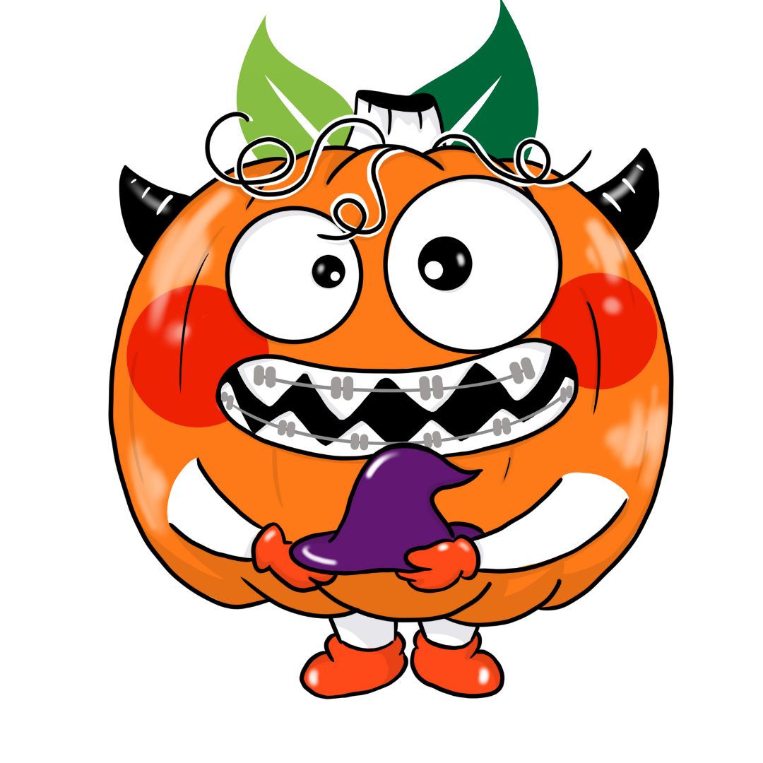 Pumpkin monster holding a witches hat and wearing braces on teeth