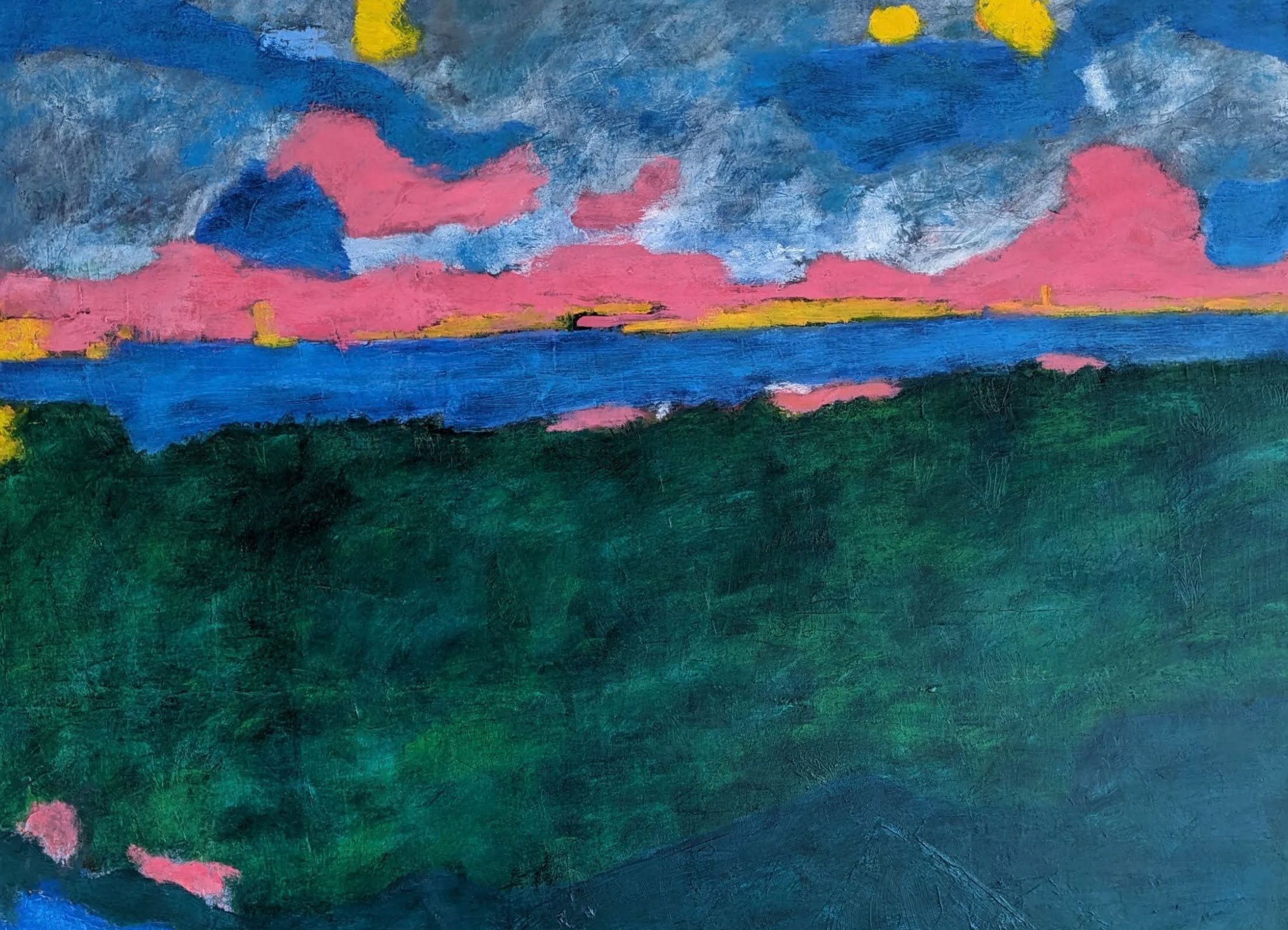 Abstract oil painting with greens, blues pinks and yellows. Image loosely resembles a landscape